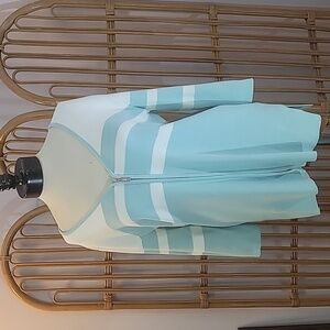 Bob Mackie Wearable Art zipper front blue white cardigan sz L striped 3/4 sleeve